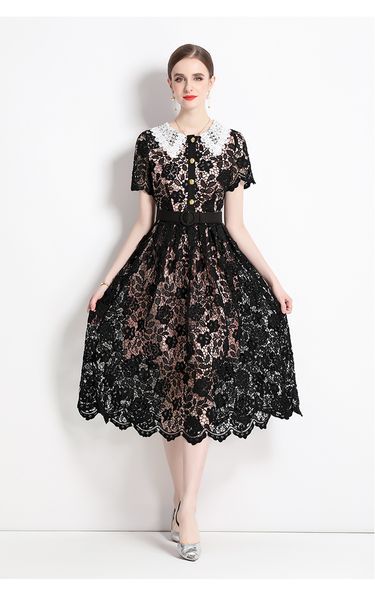 summer runway women lace hollow out embroidery dress luxury gold button peter pan collar short sleeve belt midi vestidos 2023, Black;gray
summer runway women lace hollow out embroidery dress luxury gold button peter pan collar short sleeve belt midi vestidos 2023, Black;gray