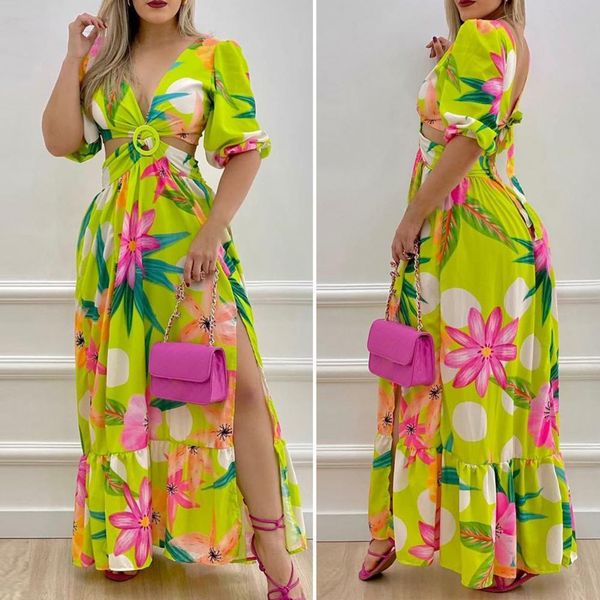 women floral dress v neck backless side split loose fit long maxi dress for holiday casual women's clothing, White;black
women floral dress v neck backless side split loose fit long maxi dress for holiday casual women's clothing, White;black