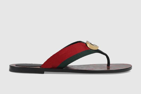 Image of Luxury Leather Thong Slippers Men Women Double G Slides Summer Beach Slides Flat Green Red Nylon Flip Flops Web Straps Sandals Size 35-46