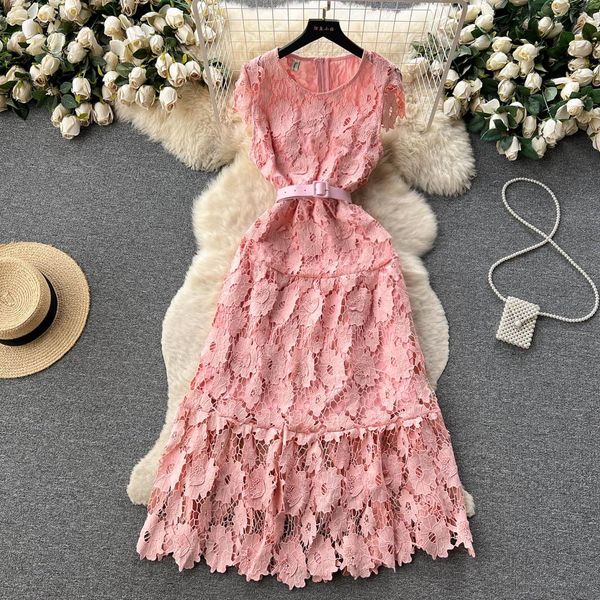 casual dresses 2023 fashion runway summer long lace dress women's o-neck embroidery hollow out pink blue elegant belt midi vestidos, Black;gray
casual dresses 2023 fashion runway summer long lace dress women's o-neck embroidery hollow out pink blue elegant belt midi vestidos, Black;gray
