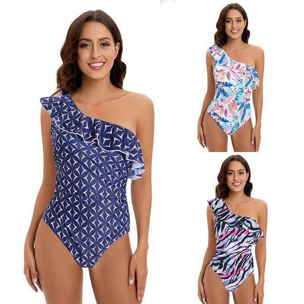 one piece swimsuit women ruffled shoulder belt printed multicolor briefs tight conservative swimwear, White;black
one piece swimsuit women ruffled shoulder belt printed multicolor briefs tight conservative swimwear, White;black