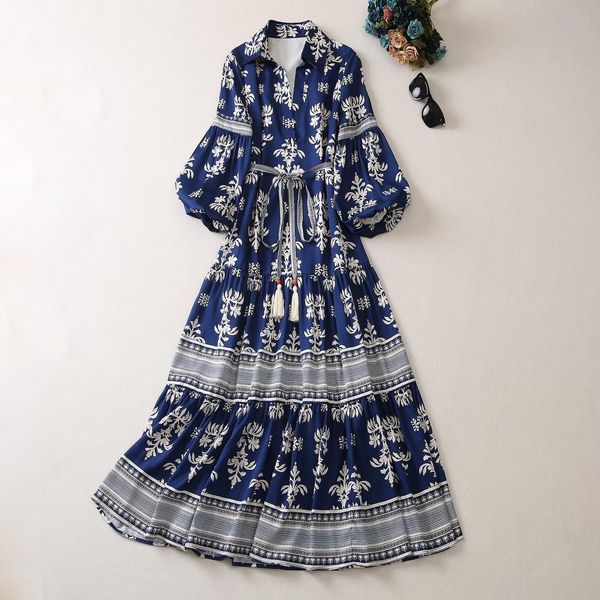 european and american women's dress 2023 summer new style three-quarter sleeve lapel blue print fashion lace-up pleated dress, Black;gray
european and american women's dress 2023 summer new style three-quarter sleeve lapel blue print fashion lace-up pleated dress, Black;gray