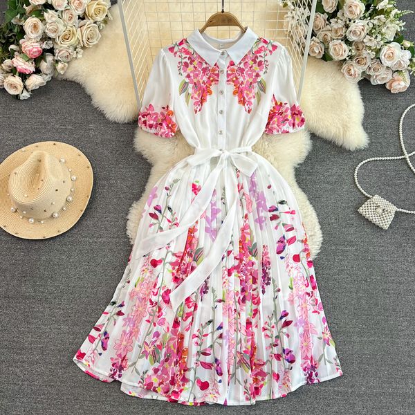 2023 casual dresses runway fashion floral print summer dress women elegant short sleeve sashes midi pleated vestidos office lady work robes, Black;gray 
2023 casual dresses runway fashion floral print summer dress women elegant short sleeve sashes midi pleated vestidos office lady work robes, Black;gray