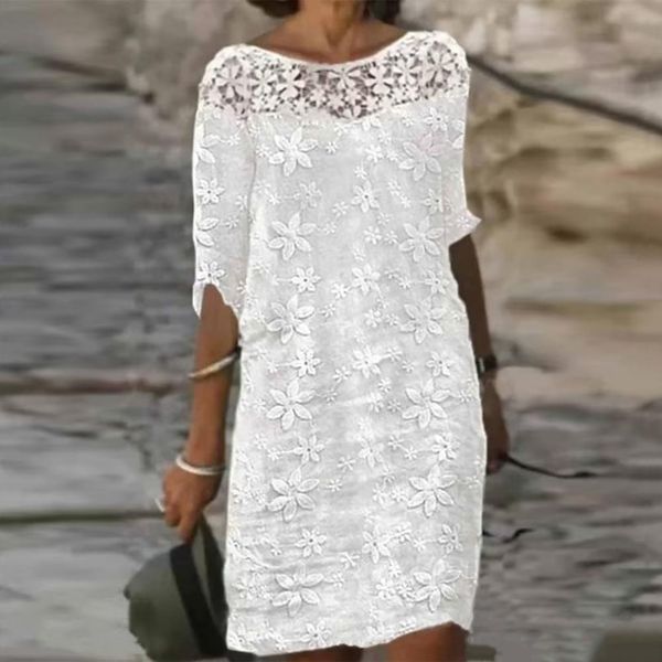 women dress white hollow lace dress short sleeve loose midi dresses 2023 summer casual women's casual dress vestidos, White;black
women dress white hollow lace dress short sleeve loose midi dresses 2023 summer casual women's casual dress vestidos, White;black