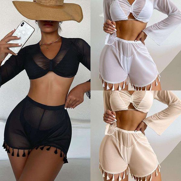 black mesh swimwears long sleeved blouse tassel shorts two piece set swimsuit women, White;black
black mesh swimwears long sleeved blouse tassel shorts two piece set swimsuit women, White;black