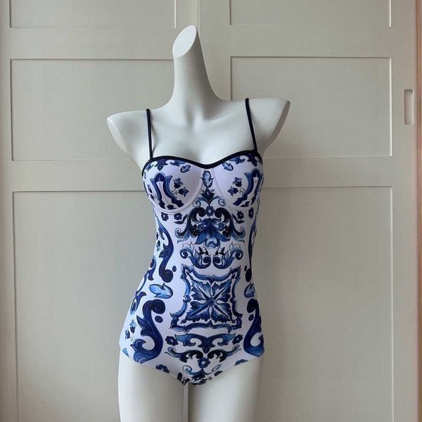 luxury designer blue and white porcelain one-piece swimsuit, Black;gray
