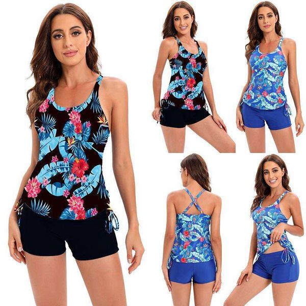 tankini printed swimsuit multi color cross shoulder strap drawstring on both sides slimming independent boxers, White;black
tankini printed swimsuit multi color cross shoulder strap drawstring on both sides slimming independent boxers, White;black