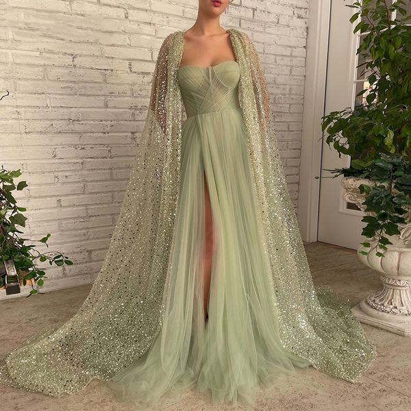sage green a line prom dresses glitter sequin cape sweetheart high side slit maxi evening gowns formal party vestido de graduacion, Black
sage green a line prom dresses glitter sequin cape sweetheart high side slit maxi evening gowns formal party vestido de graduacion, Black