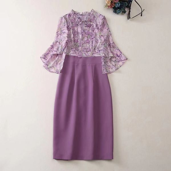 european and american women's clothes 2023 spring new seven-point horn sleeves stand collar fashion purple print patchwork dress, Black;gray
european and american women's clothes 2023 spring new seven-point horn sleeves stand collar fashion purple print patchwork dress, Black;gray