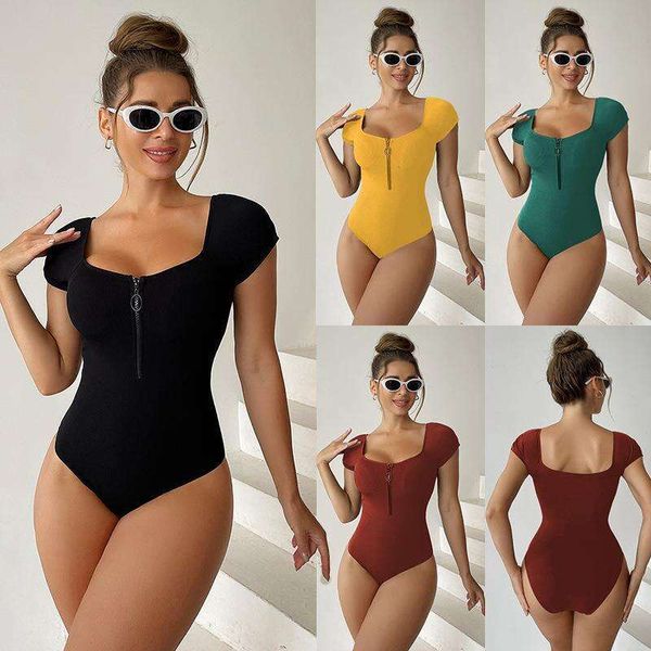 zipper swimsuit women short sleeved one piece briefs tight multi color retro conservative swimwear, White;black
zipper swimsuit women short sleeved one piece briefs tight multi color retro conservative swimwear, White;black
