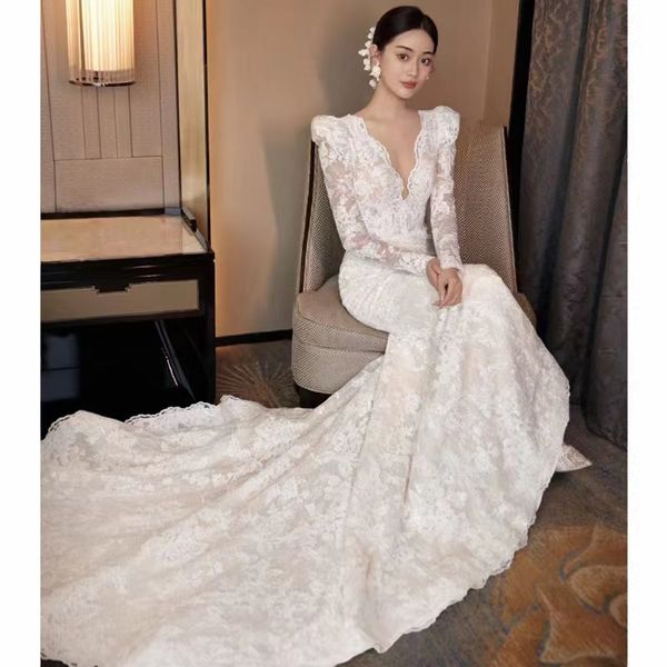 lace mermaid wedding dresses elegant pearls beaded vintage boho bridal gowns sweep train vestidos de novia saudi arabia appliqued long sleev, White
lace mermaid wedding dresses elegant pearls beaded vintage boho bridal gowns sweep train vestidos de novia saudi arabia appliqued long sleev, White