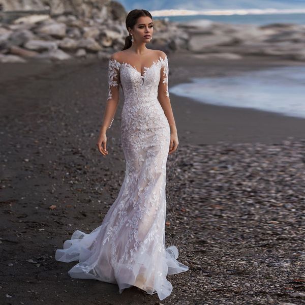 beach long sleeves mermaid wedding dress elegant sheer v-neck lace appliques illusion back with button tulle bridal gown custom made 2023, White
beach long sleeves mermaid wedding dress elegant sheer v-neck lace appliques illusion back with button tulle bridal gown custom made 2023, White