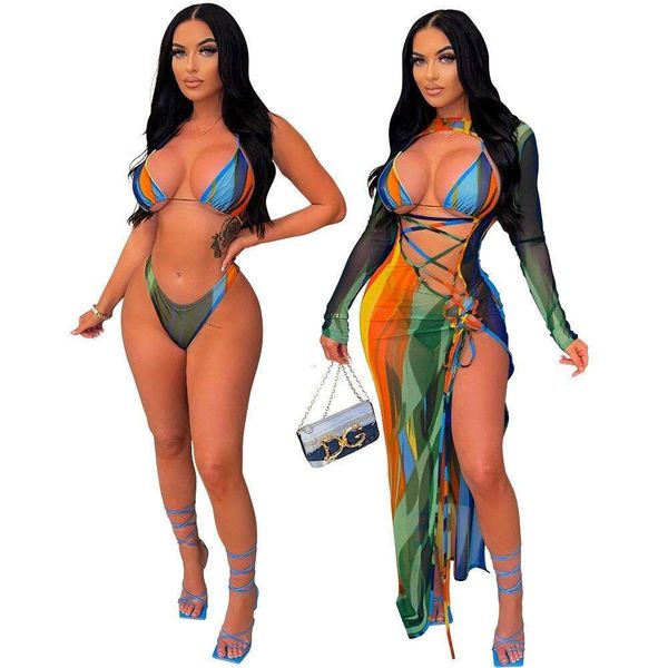 printed three piece set swimsuit womens lacing halter bikini outerwear see through cloak, White;black
printed three piece set swimsuit womens lacing halter bikini outerwear see through cloak, White;black