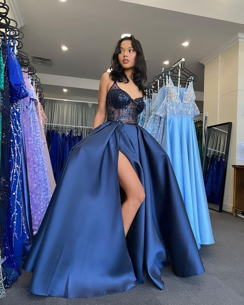 navy blue prom dresses illusion sequins v neck party evening gowns pleats split formal long special occasion dress, Black
navy blue prom dresses illusion sequins v neck party evening gowns pleats split formal long special occasion dress, Black