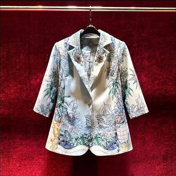 european and american women's clothes 2023 summer new seven-point sleeve beaded suit collar fashion landscape print coat, Black;brown
european and american women's clothes 2023 summer new seven-point sleeve beaded suit collar fashion landscape print coat, Black;brown