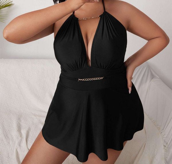 large size one piece swimsuit deep v backless solid color short skirt for women, White;black
large size one piece swimsuit deep v backless solid color short skirt for women, White;black