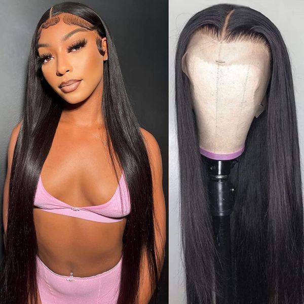 transparent 13x4 13x6 lace front human hair wigs brazilian bone straight lace frontal for women preplucked 4x4 5x5 closure wig, Black;brown
