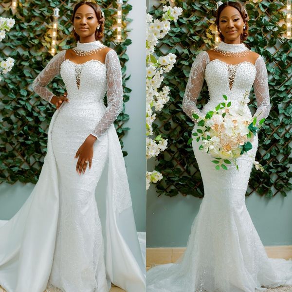 luxury heavy pearls mermaid wedding dress with detachable tarin illsion long sleeves black woman bridal gowns vestidos de noiva 2023 custome, White
luxury heavy pearls mermaid wedding dress with detachable tarin illsion long sleeves black woman bridal gowns vestidos de noiva 2023 custome, White