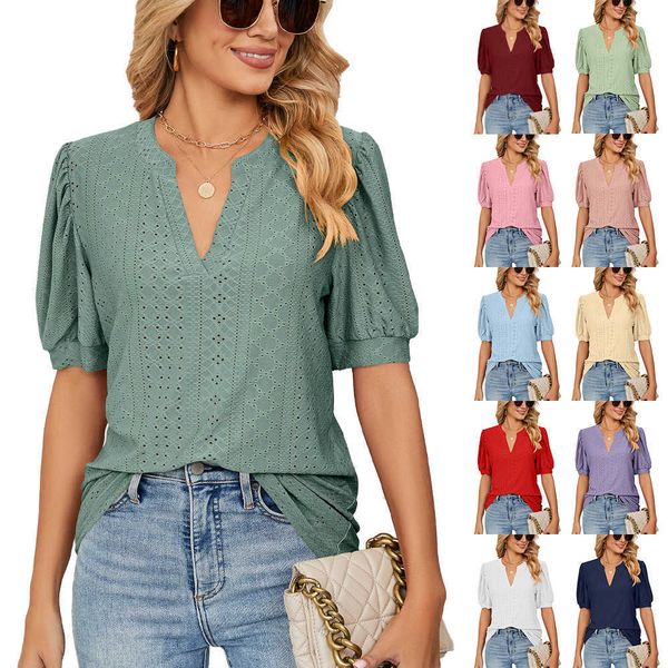 2023 summer casual v-neck solid color hollow bubble sleeve loose t-shirt female, White
2023 summer casual v-neck solid color hollow bubble sleeve loose t-shirt female, White
