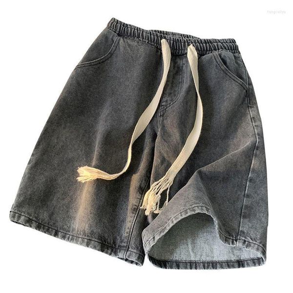 men's shorts woven drawstring denim for men's summer slim trendy casual pants american retro loose fit large quarter, White;black