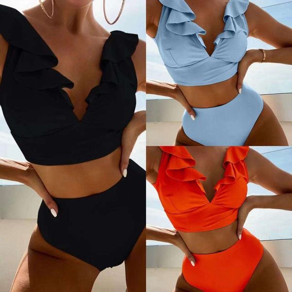 multicolor lace swimwear v neck flounce high waist split swimsuit women, White;black 
multicolor lace swimwear v neck flounce high waist split swimsuit women, White;black