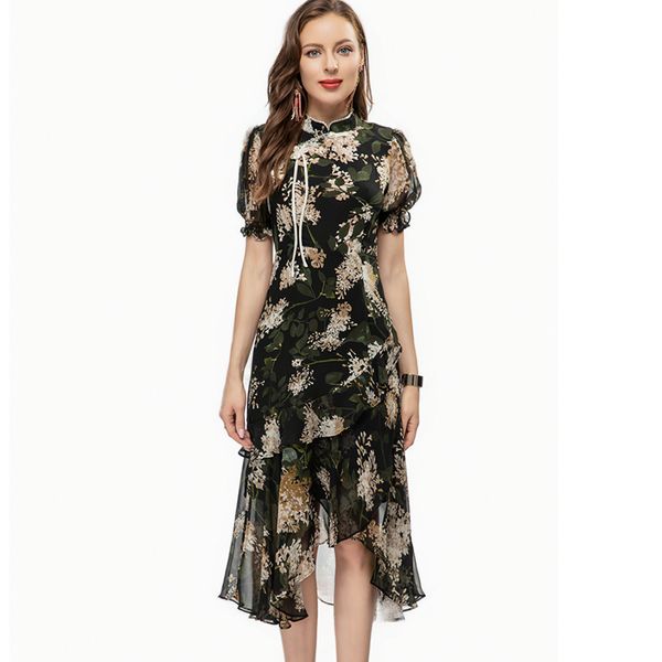 women's dress mardrin collar short sleeves printed asymmetrical fashion designer chinese qipao vestidos, Black
women's dress mardrin collar short sleeves printed asymmetrical fashion designer chinese qipao vestidos, Black