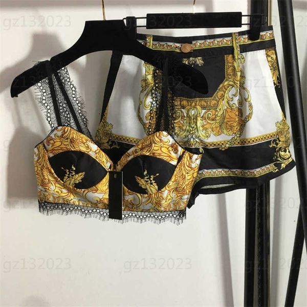 designer two piece set women shorts summer vintage print lace halter smocked shorts gold spelling black designers bathing suit sets, White
designer two piece set women shorts summer vintage print lace halter smocked shorts gold spelling black designers bathing suit sets, White