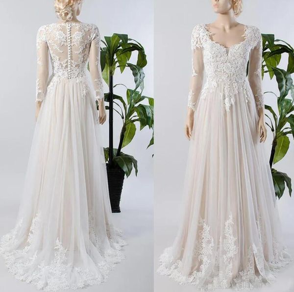 button back champagne lining inside beach bridal gown a line long sleeve lace tulle wedding dres as-2, White
button back champagne lining inside beach bridal gown a line long sleeve lace tulle wedding dres as-2, White