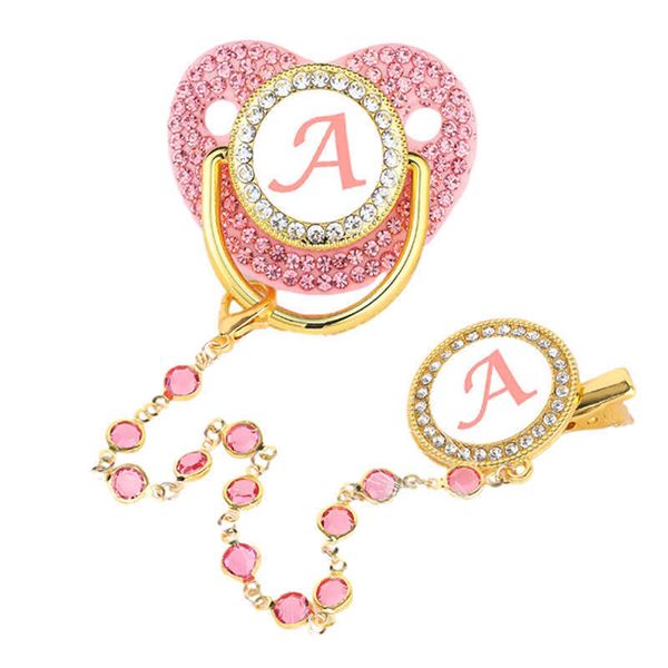 

Pacifiers# Pink Zircon Deluxe Clip 26 Letters Neonatal Personalized Bracket Silicone Baby Nipple No BPA G220612