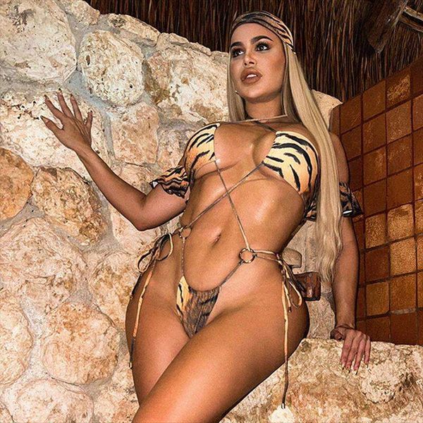leopard print banded bikini split swimsuit female pass, White;black 
leopard print banded bikini split swimsuit female pass, White;black