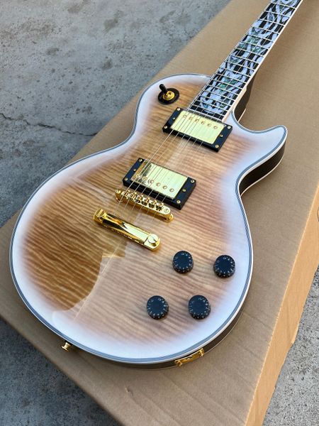 mahogany electric guitar with white edge, flame explosion, pink, brown, brown, gold hardware
mahogany electric guitar with white edge, flame explosion, pink, brown, brown, gold hardware