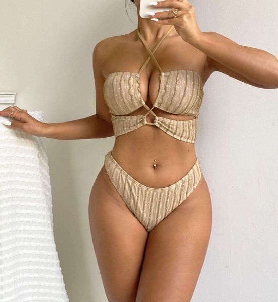 split swimsuit cutout halter lace up ins style durable bikini for women, White;black
split swimsuit cutout halter lace up ins style durable bikini for women, White;black
