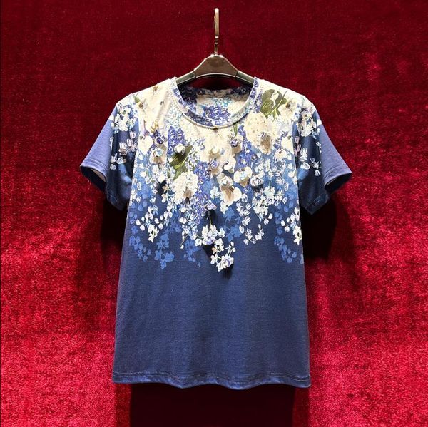 european and american women's clothes 2023 summer new round neck short sleeve three-dimensional flowers blue printed t-shirt, White
european and american women's clothes 2023 summer new round neck short sleeve three-dimensional flowers blue printed t-shirt, White