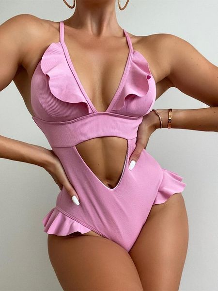 women's swimwear pink ruffle bikini one piece hollow out swimsuit women triangle push up padded backless summer beachwear, White;black
women's swimwear pink ruffle bikini one piece hollow out swimsuit women triangle push up padded backless summer beachwear, White;black