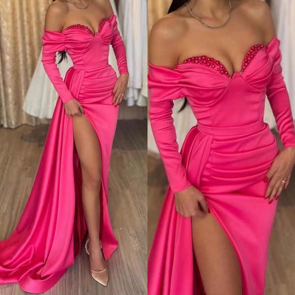 chic royal pink prom dresses pearls off shoulder party evening gowns pleats split formal long special occasion dress, Black
chic royal pink prom dresses pearls off shoulder party evening gowns pleats split formal long special occasion dress, Black