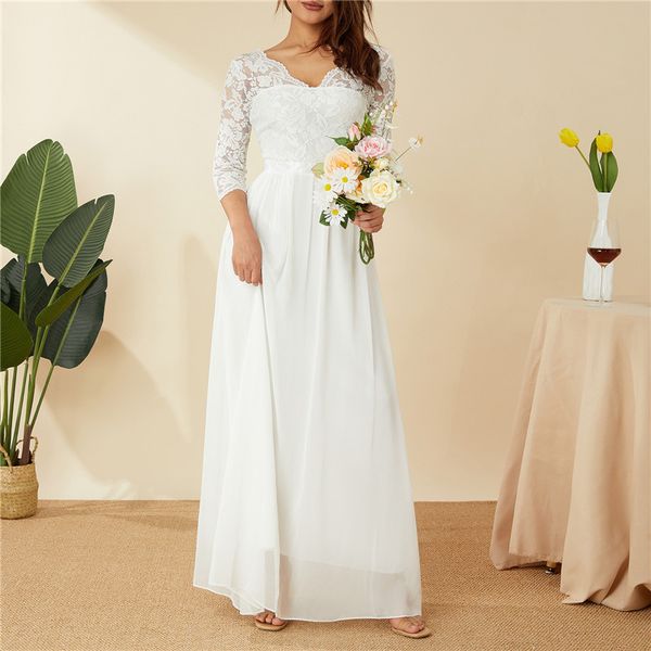 women's long dress summer elegant solid color patchwork lace v-neck mid-sleeve backless back zipper wedding party prom, White;black
women's long dress summer elegant solid color patchwork lace v-neck mid-sleeve backless back zipper wedding party prom, White;black