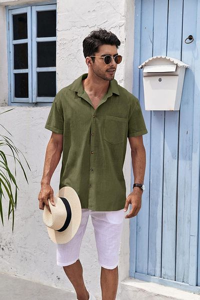 mens short sleeve button up shirts linen cotton beach spread collar plain summer t shirt with pocket, White;black
mens short sleeve button up shirts linen cotton beach spread collar plain summer t shirt with pocket, White;black