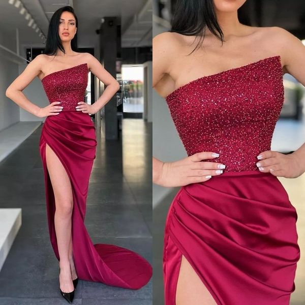 chic burgundy prom dresses sequins strapless party evening gowns pleats split formal long special occasion dress, Black