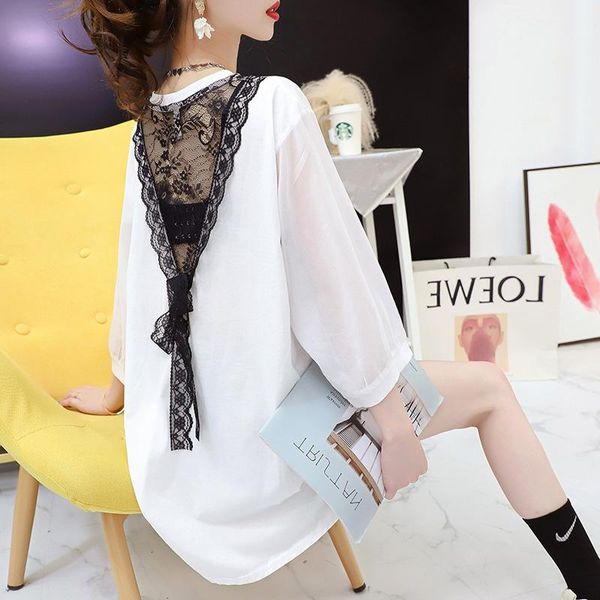 t-shirt #0614 black white backless short sleeve t shirt women spliced lace thin asymmetrical tshirt bat sleeved summer