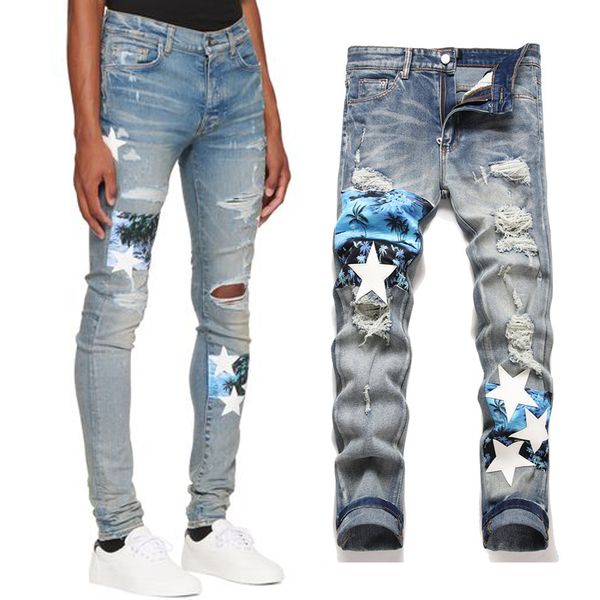 men's embroidery patch biker jeans slim fit motocycle casual denim trousers man, Blue
men's embroidery patch biker jeans slim fit motocycle casual denim trousers man, Blue