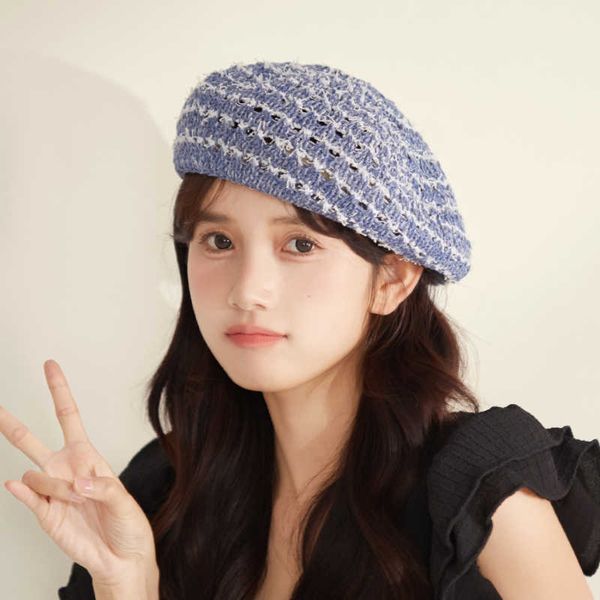 berets spring and summer japanese women's breathable hollow stripe artist hat fashion sweet beret g220612, Blue;gray
berets spring and summer japanese women's breathable hollow stripe artist hat fashion sweet beret g220612, Blue;gray