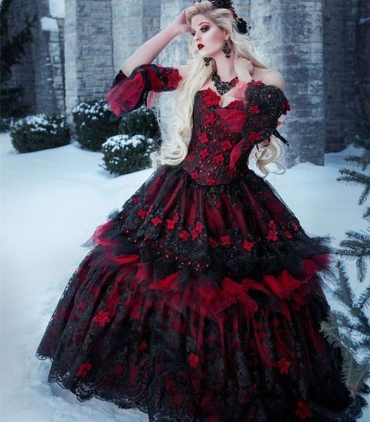2023 vintage black and red wedding dresses 3d floral appliques princess a line lace gothic bridal gowns with detachable long sleeves corset, White
2023 vintage black and red wedding dresses 3d floral appliques princess a line lace gothic bridal gowns with detachable long sleeves corset, White