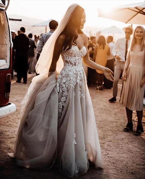 sheer lace 3d flowers applique wedding dresses boho bridal gowns strapless split tulle dark grey silver beach crystals asq-665, White
sheer lace 3d flowers applique wedding dresses boho bridal gowns strapless split tulle dark grey silver beach crystals asq-665, White