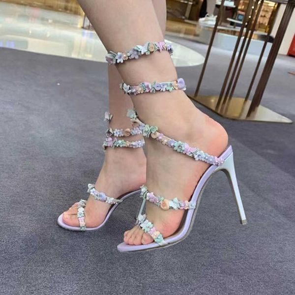 rene caovilla crystal decoration sandals stiletto women evening dress shoes 9.5cm purple flowers serpentine wraparound luxury designer women, Black