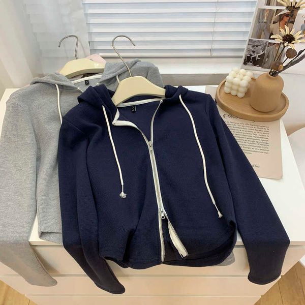 curved hem short double zipper hoodie women's spring new loose and thin versatile waffle sweater coat, Black
curved hem short double zipper hoodie women's spring new loose and thin versatile waffle sweater coat, Black