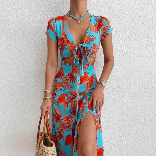 womens spring and summer elegant casual dresses tied v neck printed short sleeve split dress, Black;gray
womens spring and summer elegant casual dresses tied v neck printed short sleeve split dress, Black;gray