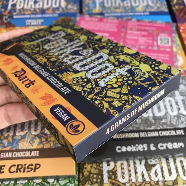 stamping polkadot mushroom chocolate bar packaging boxes 4g polka dot magic belgian chocolate packing box with stickers wrapping shrooms bar
stamping polkadot mushroom chocolate bar packaging boxes 4g polka dot magic belgian chocolate packing box with stickers wrapping shrooms bar