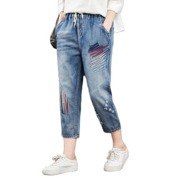 jeans washed hole calflenght pants with drawstring retro embroidery elastic waist jeans mujer women female ripped harem pants y715, Blue
jeans washed hole calflenght pants with drawstring retro embroidery elastic waist jeans mujer women female ripped harem pants y715, Blue