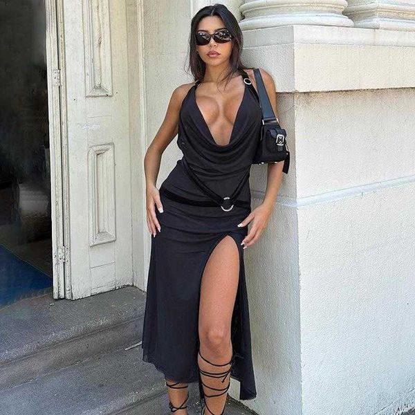 spring and summer fashion dresses backless halter high slit swing collar dress for women, Black;gray
spring and summer fashion dresses backless halter high slit swing collar dress for women, Black;gray