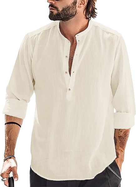 breathable cotton-linen blend men's beach shirt with mandarin collar and long sleeves, White;black
breathable cotton-linen blend men's beach shirt with mandarin collar and long sleeves, White;black